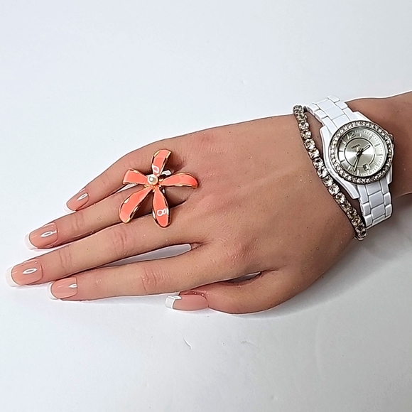 Large Flowered Custom Peach Ring W/Center Pearl & Gold Adj. Band OS - Picture 2 of 10